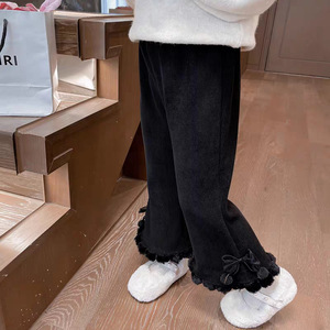 Girls' Fleece-Lined Corduroy Pants Brown Thickened Long With Pom Poms Winter Warm Children's Pants - Product Image 2