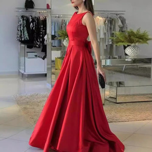 Claret Wedding Dress O-Neck Natural Waistline Polyester Simple Style For Performance Wear - Product Image 2