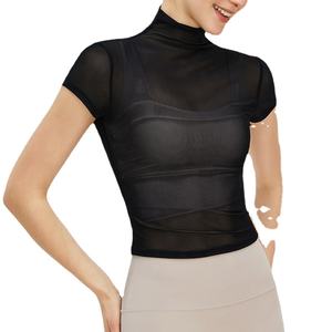 Nouveau T-shirt de yoga rétro à col montant trois quarts, à séchage rapide, pour femmes, motif uni, haut de fitness, taille plus, maille, protection UV - Product Image 1