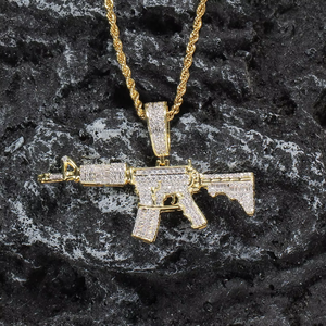 Machine Gun Pendant Necklace, Men's Hip Hop Layered <b>Chain</b>, <b>Copper</b> CZ Encrusted Iced Out Jewelry - Product Image 5