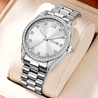 Montre à quartz de luxe pour homme avec logo personnalisé, boîtier en alliage, bracelet en acier inoxydable, cadran en strass, aiguilles lumineuses, verre minéral, étanche 30M
