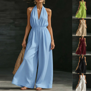 Combinaison de soirée formelle transfrontalière style européen et américain, col en V, coupe droite, jambe large, ensemble simple - Product Image 2