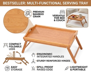 Plateau de service rectangulaire en bambou écologique avec pieds pliables, plateau de lit réutilisable en bambou, <span class=keywords><strong>planche</strong></span> à découper élégante <span class=keywords><strong>pour</strong></span> servir les aliments - Product Image 1