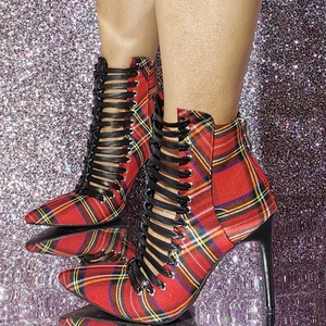 Retro Red Plaid Women Front Cut Out Sandals Big Size 47 High Heels Shoes Summer Short Boots Big Feet Ankle <b>Booties</b> - Product Image 2