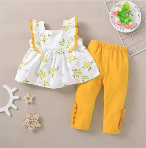 子供服幼児セット2 PCSノースリーブイエローフローラルスーツ女の子セット服幼児女の子服パンツ付き