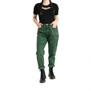 Grunge-Fashion Acid-Washed High-Waist Wholesale Women Slim-Fit Casual Breathable Denim Trousers Pants With-Chain - Product Image 1