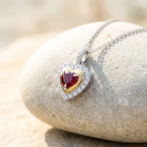 Cadeau romantique pour elle, bijoux en argent 925, plaqué double couleur, pierre précieuse cultivée en laboratoire, pendentif en forme de cœur, rubis, collier - Product Image 4