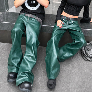 Custom Logo High Waist Fashion Designer High Quality Pu <b>Leather</b> <b>Pants</b> Streetwear Green Stacked Baggy <b>Leather</b> <b>Pants</b> For Unisex - Product Image 3