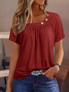 T-shirts d'été décontractés pour femmes Fashion Button Solid Basic Top Tees Streetwear Short Sleeve V Neck Oversized Clothing - Product Image 5