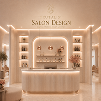 Bureau d'accueil ovale brutaliste avec éclairage LED, étagère à niveaux brun clair poli, solution de design d'intérieur pour boutique de cosmétiques