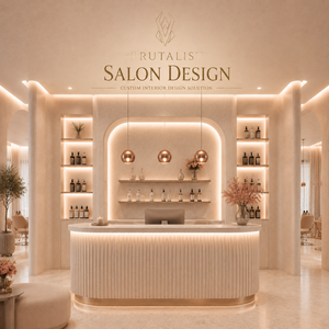 Mostrador de Recepción Ovalado BRUTALIST con Luces LED, Estante Escalonado en Marrón Claro Pulido, Solución de Diseño Interior para Tiendas de Cosméticos - Product Image 1