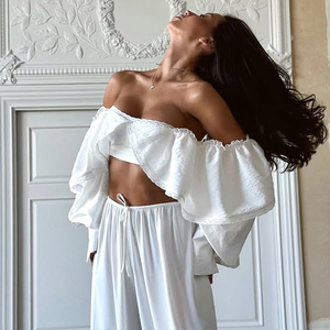 <span class=keywords><strong>Top</strong></span> Corto Estivo da Donna <span class=keywords><strong>Bianco</strong></span> Sexy con Spalle Scoperte e <span class=keywords><strong>Maniche</strong></span> <span class=keywords><strong>Lunghe</strong></span>, con Lacci Posteriori e Fascia, Abbigliamento Donna 2026 - Vendita all'Ingrosso - Product Image 2