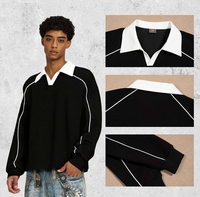 Sudadera Personalizada con Cuello en Contraste de 380G, Logotipo Personalizado, Estilo Preppy Deportivo, Polo a Rayas, Sudadera Urbana para Hombre