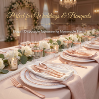 Ensemble d'assiettes en plastique or rose, assiettes jetables avec bordure or rose, élégantes et résistantes, pour mariage et fêtes