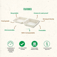 Boîte à lunch jetable biodégradable, compatible micro-ondes, en bagasse, type clamshell, pour plats à emporter, fabriquée à partir de canne à sucre, certifiée OK Compost