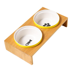 Ceramic <b>Cat</b> Bowls With Bamboo Stand Elevated Double Feeding Set For <b>Cats</b> And Dogs Pet Food Water Dish <b>Feeder</b> - Product Image 4
