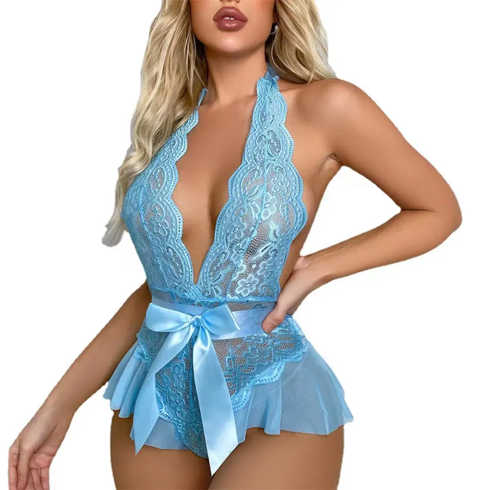 Pigiama Sexy da donna body in pizzo a rete 2023 Lingerie senza schienale Halter Deep V tuta pigiama vestaglia Babydoll S-XXL