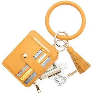Hanging Ring PU Leather Card Case Outdoor Tassel Ladies Portable Wrist Leather Ring Bank Card Wallet Keychain Wristlet For Women