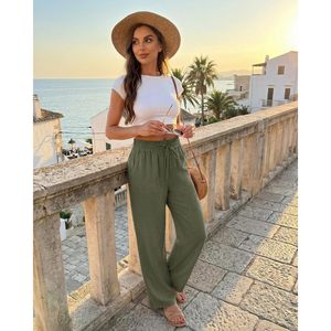 Pantalon décontracté en lin pour femme, taille haute, coupe ample avec cordon de serrage, poches latérales, respirant, style droit, idéal pour l'été - Product Image 4