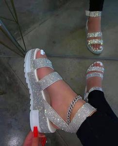 Sandalias de Plataforma con Cristales Brillantes y Pedrería Plateada para Mujer, Sandalias Planas Antideslizantes con Punta Redonda - Product Image 4