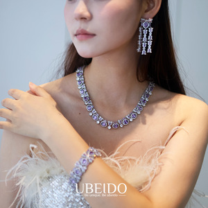 Ensemble de collier, bracelet et boucles d'oreilles en zircon violet de luxe pour femmes, bijoux élégants en cristal pour mariage, soirée, robe de soirée - Product Image 2