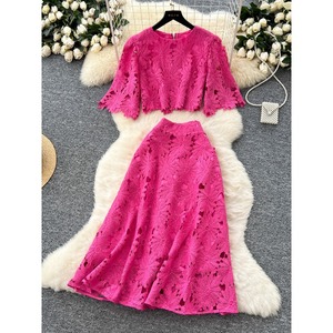 Completo tailleur da donna primaverile 2026: Nuova collezione <span class=keywords><strong>elegante</strong></span> con camicia a maniche svasate in <span class=keywords><strong>pizzo</strong></span> traforato e gonna a vita alta, stile francese raffinato - Product Image 2