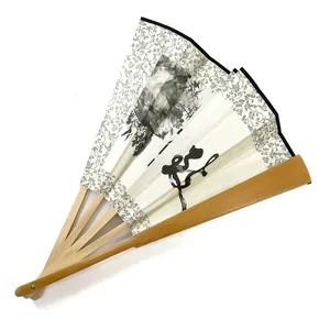 Printed Cover Polyester Foldable Hand Fan With Fabric Long Slik Dancing Bamboo Fans Set Coloured Vintage Men Big Size Hand Fan