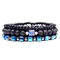 Hot Sale Naturstein Kombination Armband Set Micro Inlay Charm Ball Kreuz Boho Perlen Schädel Leder Armband Männer für den Großhandel