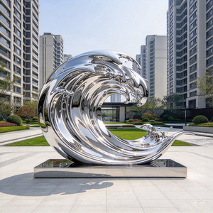 Große Spiegelpolierte Edelstahl-Ozeanwellen-Skulptur Abstrakte Wasserspritzer-Statue für <span class=keywords><strong>Hotel</strong></span>-Lobby Villa Garten Plaza - Product Image 6