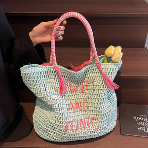 Beach Vacation Style Large Capacity Fresh Mint Green <b>Straw</b> <b>Woven</b> <b>Bag</b> Crochet Tote <b>Bags</b> Shoulder <b>Bag</b> - Product Image 3