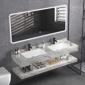 Meuble-lavabo de salle de bain personnalisé avec lavabo en pierre frittée gris effet roche, évier en céramique intelligent à <span class=keywords><strong>LED</strong></span> et plateau en marbre à deux couches - Product Image 1