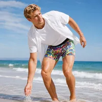Ensemble 2 pièces de caleçons de bain pour hommes, motif graffiti coloré et rayé, taille élastique noire, séchage rapide, extensible dans les 4 sens, en gros et en stock