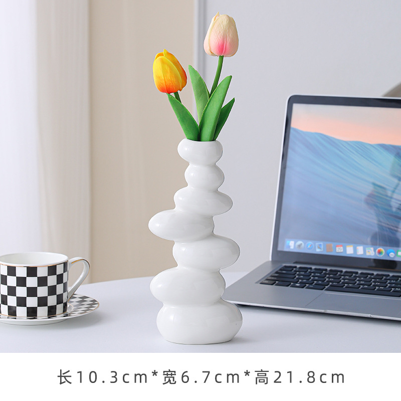 High pebble vase "pure white" 2 tulips