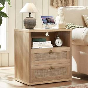 Table de chevet en bois style ferme avec tiroir en rotin, étagère ouverte et gestion des câbles, rangement frontal ouvert - Product Image 1