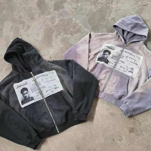 Sudadera con <span class=keywords><strong>capucha</strong></span> OEM de alta calidad para hombre, color morado, algodón de alto GSM, lavado ácido, estilo vintage, con cremallera completa, estampado gráfico personalizado - Product Image 3