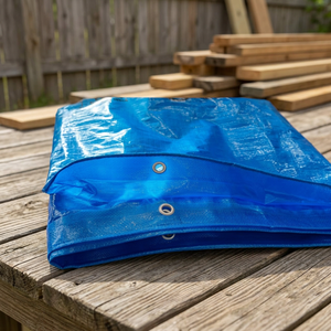 Bâche imperméable bleue robuste pour usage extérieur, en tissu tissé uni avec œillets - Product Image 1