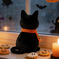Décoration d'Halloween : Peluche chat noir assis avec écharpe orange, ornement de table ou d'étagère, accent décoratif mignon et effrayant pour la maison, cadeau