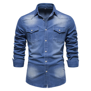 Heavy-Duty Denim <b>Work</b> Shirt - Reinforced Stitching Men's Industrial <b>Jean</b> Shirt for Construction & Trade - Product Image 1