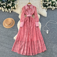 Robe longue élégante pour femmes, à manches longues, en dentelle, coupe trapèze, avec ceinture, col rabattu, robe de soirée décontractée pour femmes, vêtements pour femmes