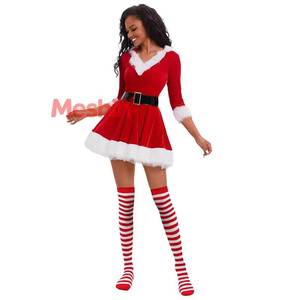 Costume de Noël pour femme adulte, robe courte à capuche en velours rouge avec ceinture en fausse fourrure pour fête de Noël ou spectacle - Product Image 5