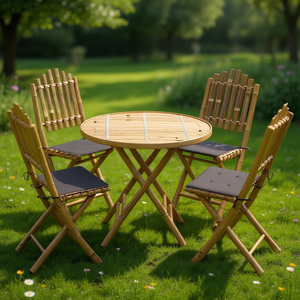 Bamboo Patio <b>Dining</b> Set 4 Seater <b>Foldable</b> Outdoor Garden Furniture Elegant Natural Wood <b>Table</b> And <b>Chairs</b> - Product Image 2