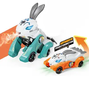 Children's electric spray rabbit morphing car toy with lights and music automatic transformation of two morphing cars