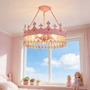 Lampadario a Corona Rosa con Cristalli per Camera da Principessa, Luce Pendente Dimmerabile 3CCT, <span class=keywords><strong>Lampada</strong></span> da Soffitto Protettiva per Occhi per Camera da Letto delle Ragazze - Product Image 2