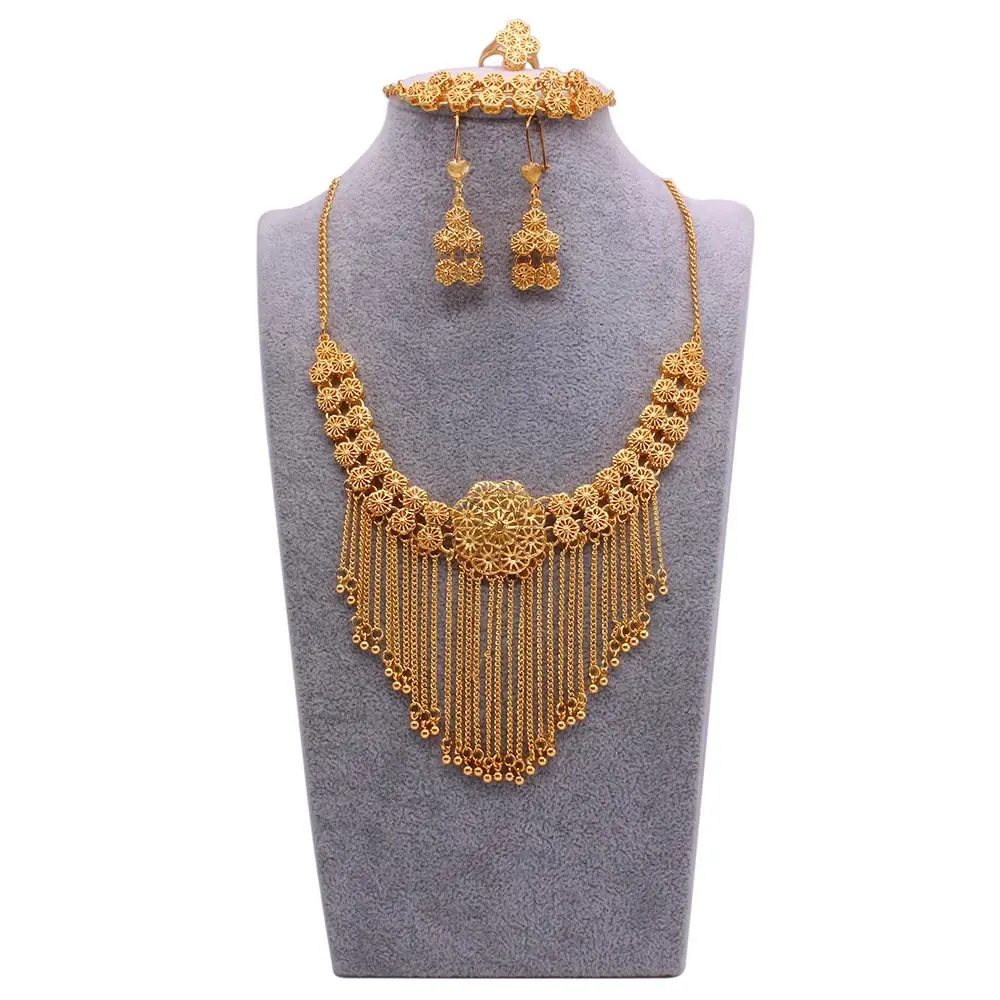 Wholesales Afrian Statement Tassel Necklace Earrings Ring Bracelet Dubai 24K Gold-plated Jewelry Set