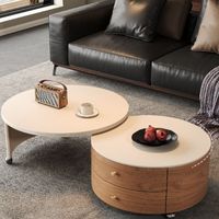 Table basse double emboîtable AJUNION en bois pour salon, table d'appoint circulaire avec base à roulettes et 2 tiroirs