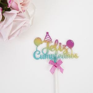 Adorno para Pastel de Cumpleaños en Español, Adorno para Pastel de Feliz Cumpleaños, Globo, Lazo Elegante, Decoración para Pastel de Fiesta de Cumpleaños - Product Image 2