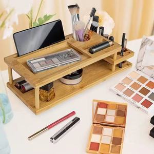 Wooden Cosmetic Storage Rack 2 Tier Bamboo Makeup Organizer With <b>Phone</b> <b>Holder</b> <b>Desktop</b> Use - Product Image 1