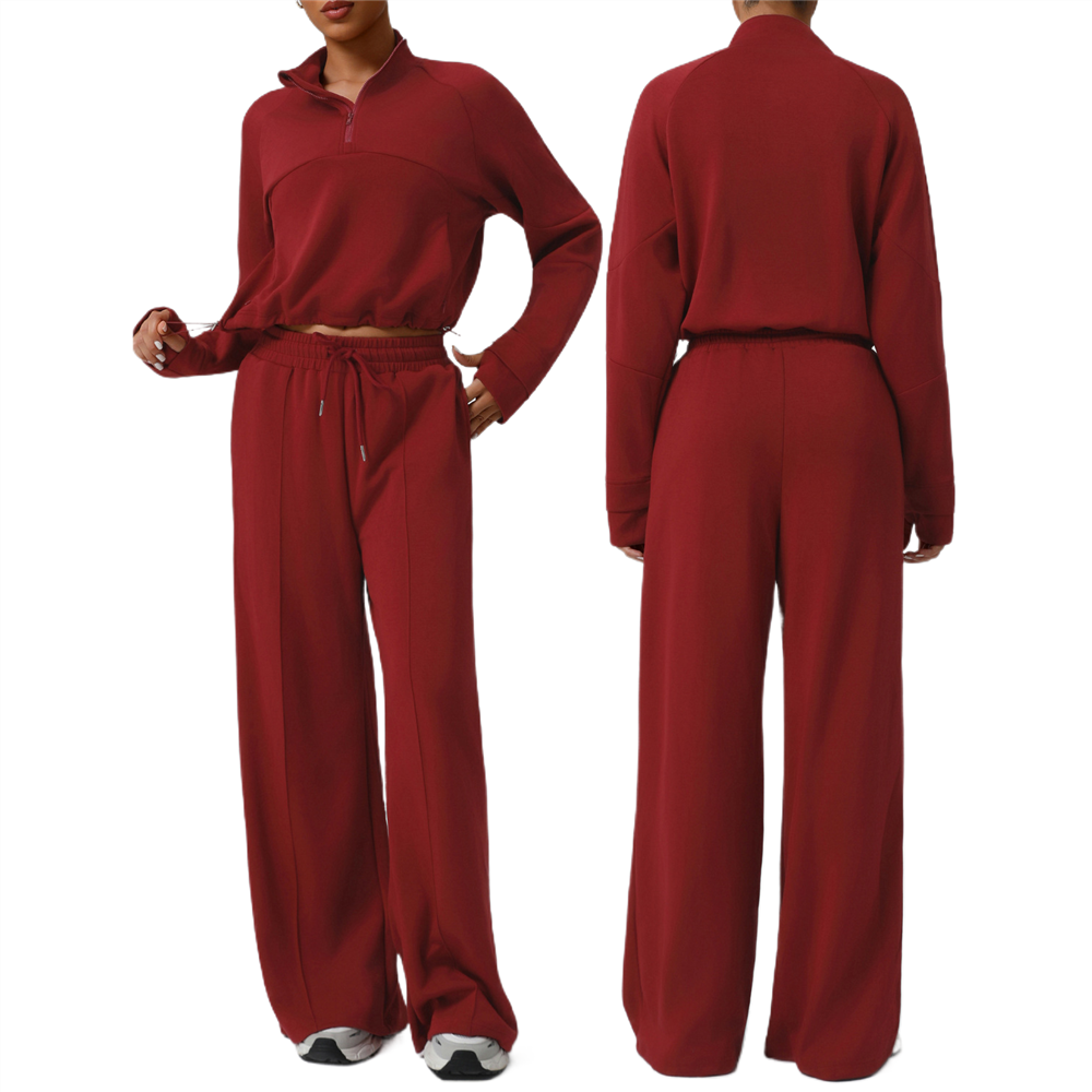 Autumn Winter Two Piece Long Sleeve Fitness Exercise Set Women Loose High Waist Non Slip Drawstring Bottom Solid Color Yoga Set