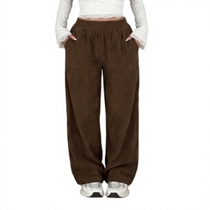 Women's Brown Corduroy Wide Leg Pants Casual <b>Elastic</b> <b>Waist</b> <b>Trousers</b> <b>with</b> Pockets - Product Image 1