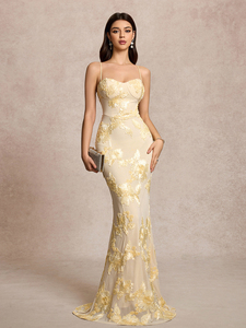 Abito da festa elegante da donna senza maniche, senza schienale, <span class=keywords><strong>con</strong></span> <span class=keywords><strong>spalline</strong></span> <span class=keywords><strong>incrociate</strong></span> regolabili, stampa floreale ricamata in 3D e orlo a coda di pesce - Product Image 5